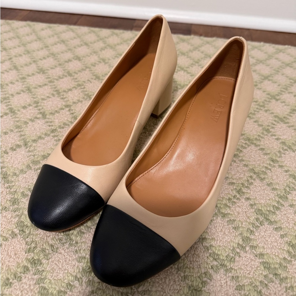 J. Crew Two-Tone Beige and Black Leather Block Heel Pumps